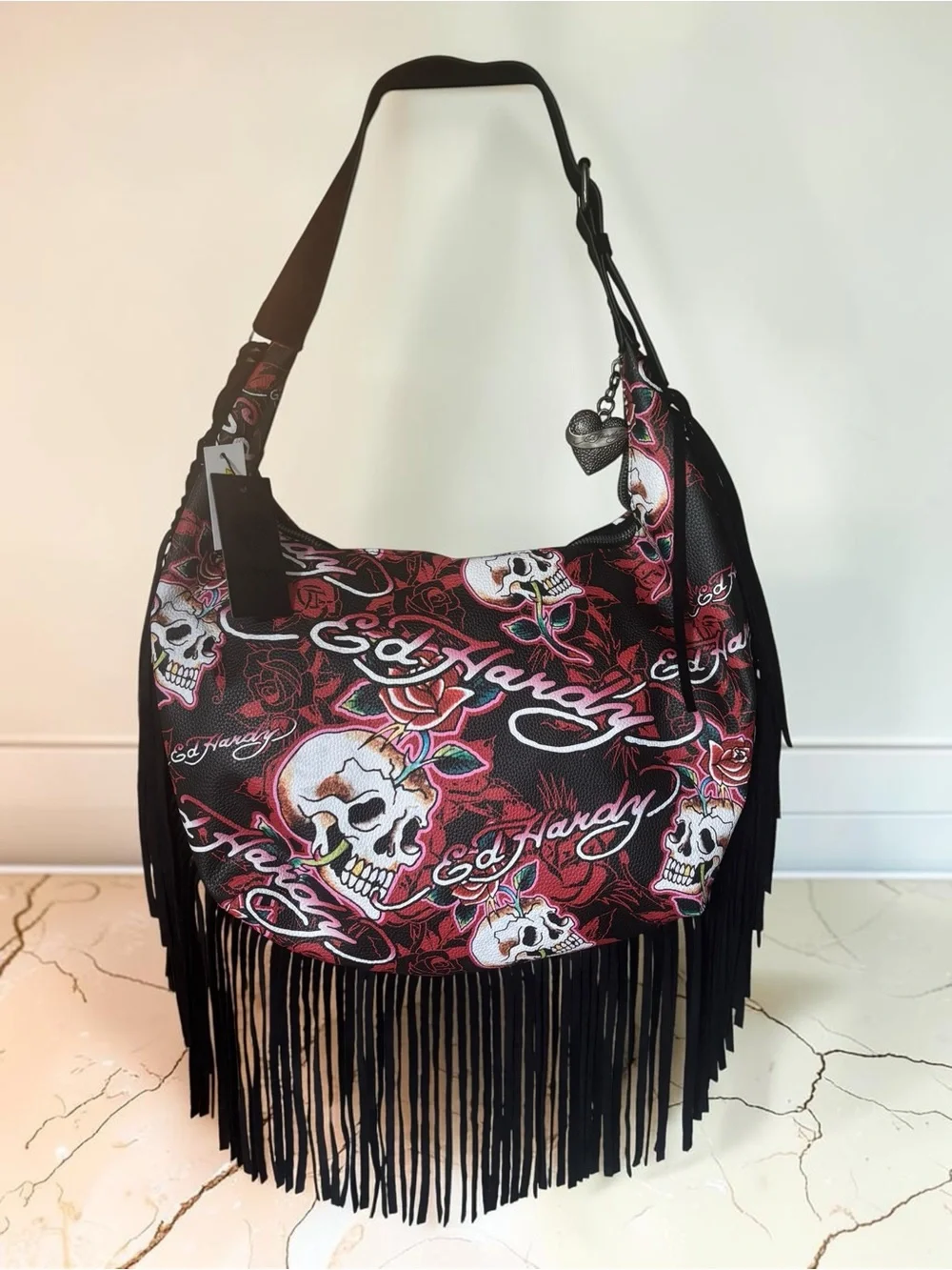 Ed Hardy Y2K Red Skull Rose Fringe Shoulder Bag Purse NWT